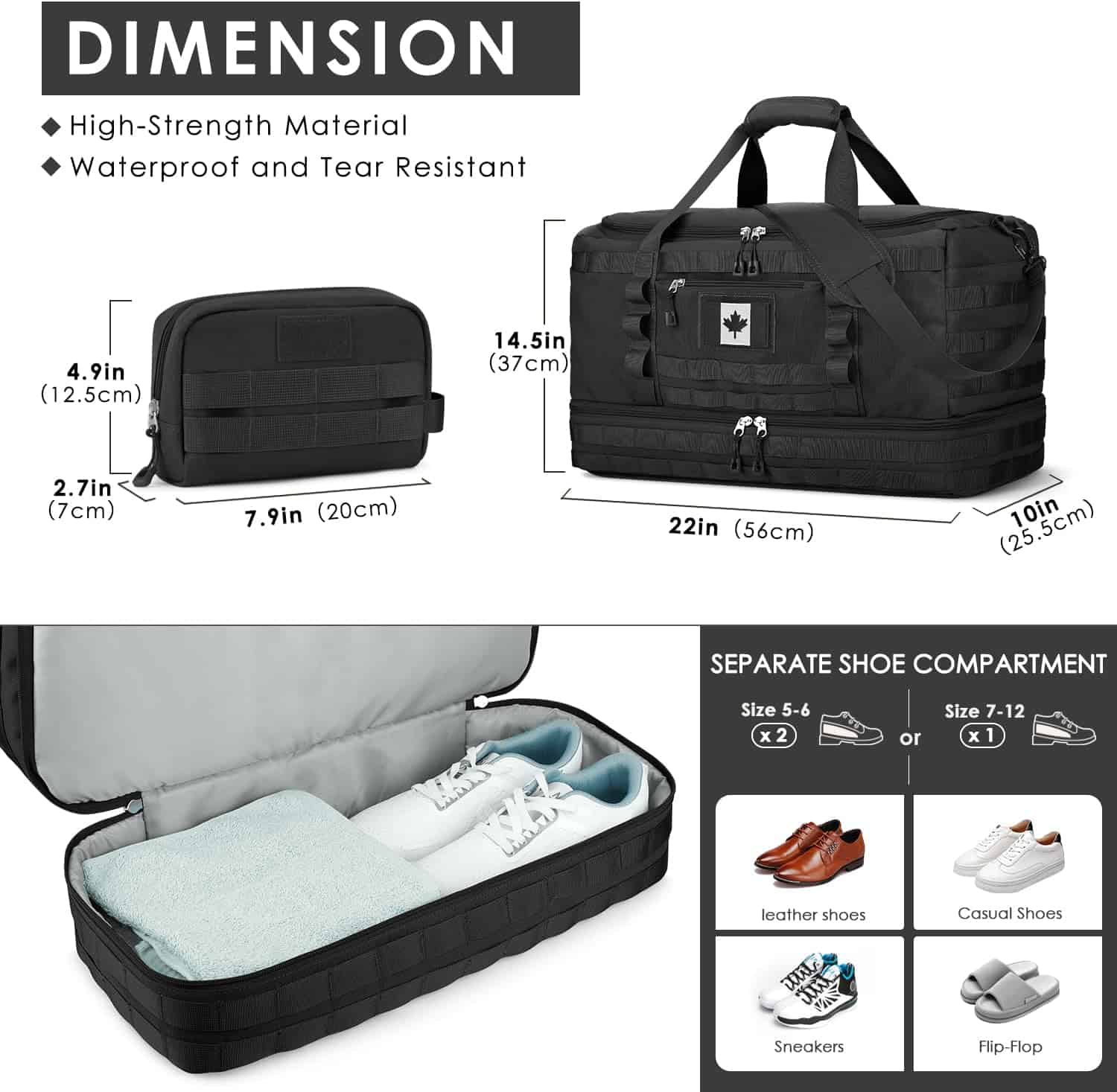 Black travel duffel bag with dimensions and shoe compartment features on a white background