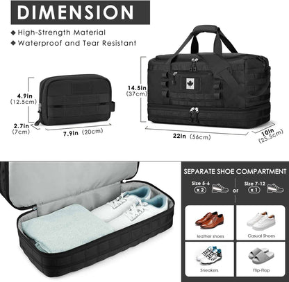 Black travel duffel bag with dimensions and shoe compartment features on a white background