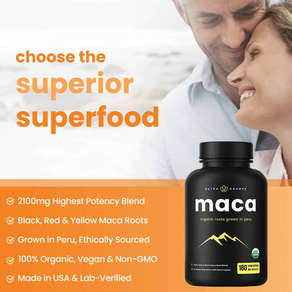 Maca supplement bottle with a couple embracing on a white background, featuring text about maca benefits.
