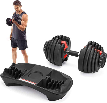 Adjustable dumbbells with weight plates and a stand on a white background