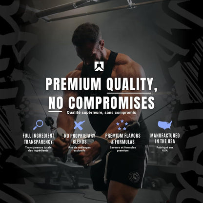 Muscular man lifting weights with text about premium quality and no compromises