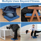 Collage showing the use of a blue cushion or mat in various settings including under a desk, on a table, at a desk, and during a yoga session.