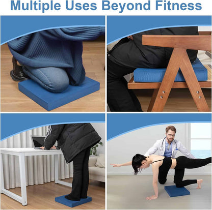 Collage showing the use of a blue cushion or mat in various settings including under a desk, on a table, at a desk, and during a yoga session.