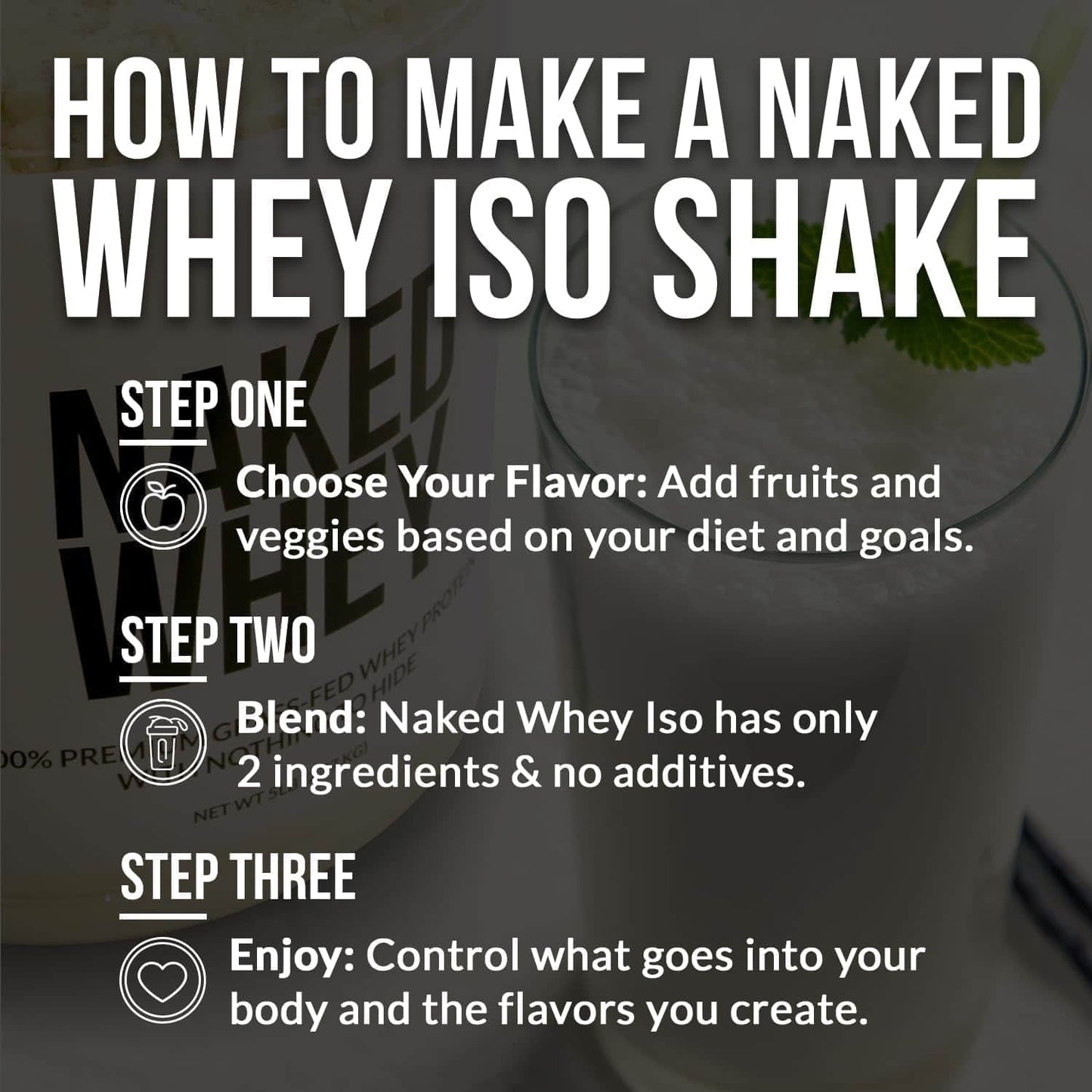 Instructions on how to make a Naked Whey Iso shake with a blurred background