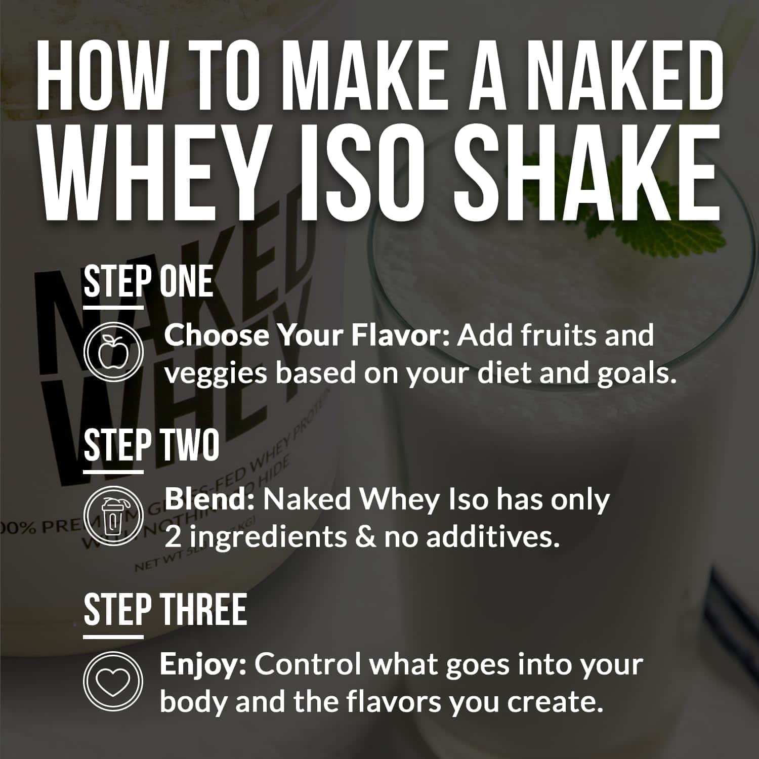 Instructions on how to make a Naked Whey Iso shake with a blurred background
