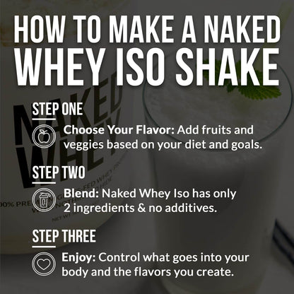 Instructions on how to make a Naked Whey Iso shake with a blurred background