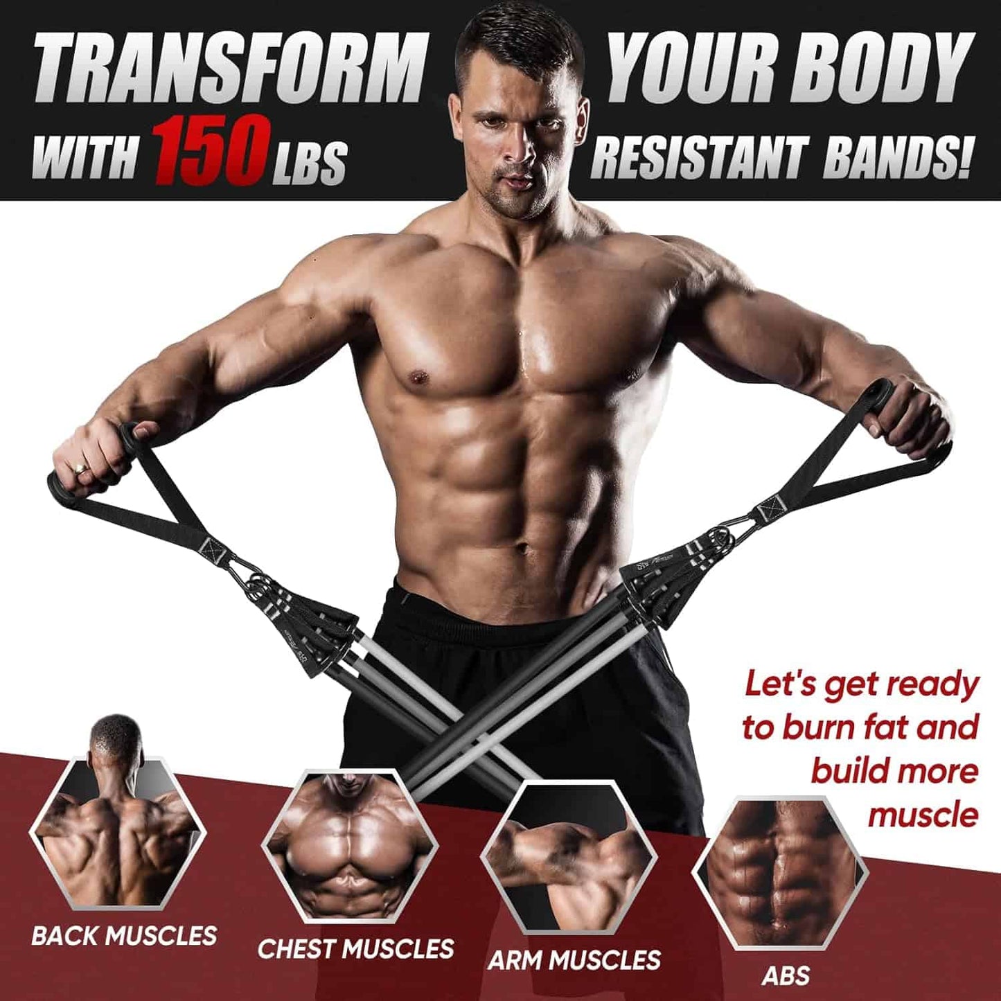 Muscular man using resistance bands with text about body transformation and muscle groups.