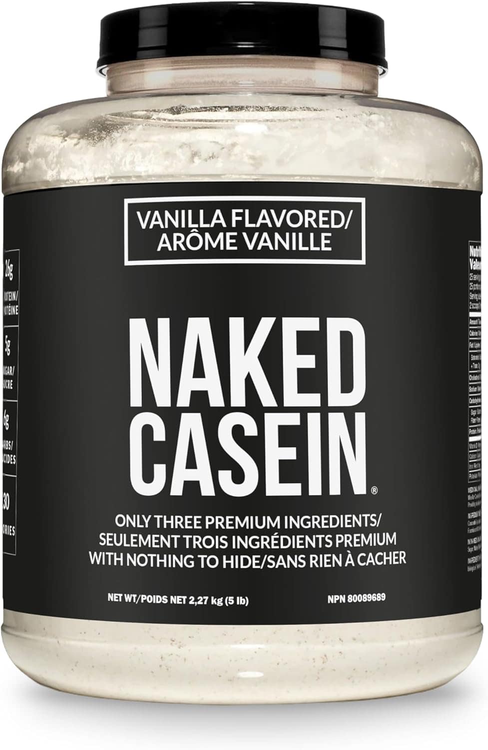 Naked Casein protein powder container with vanilla flavor on a white background