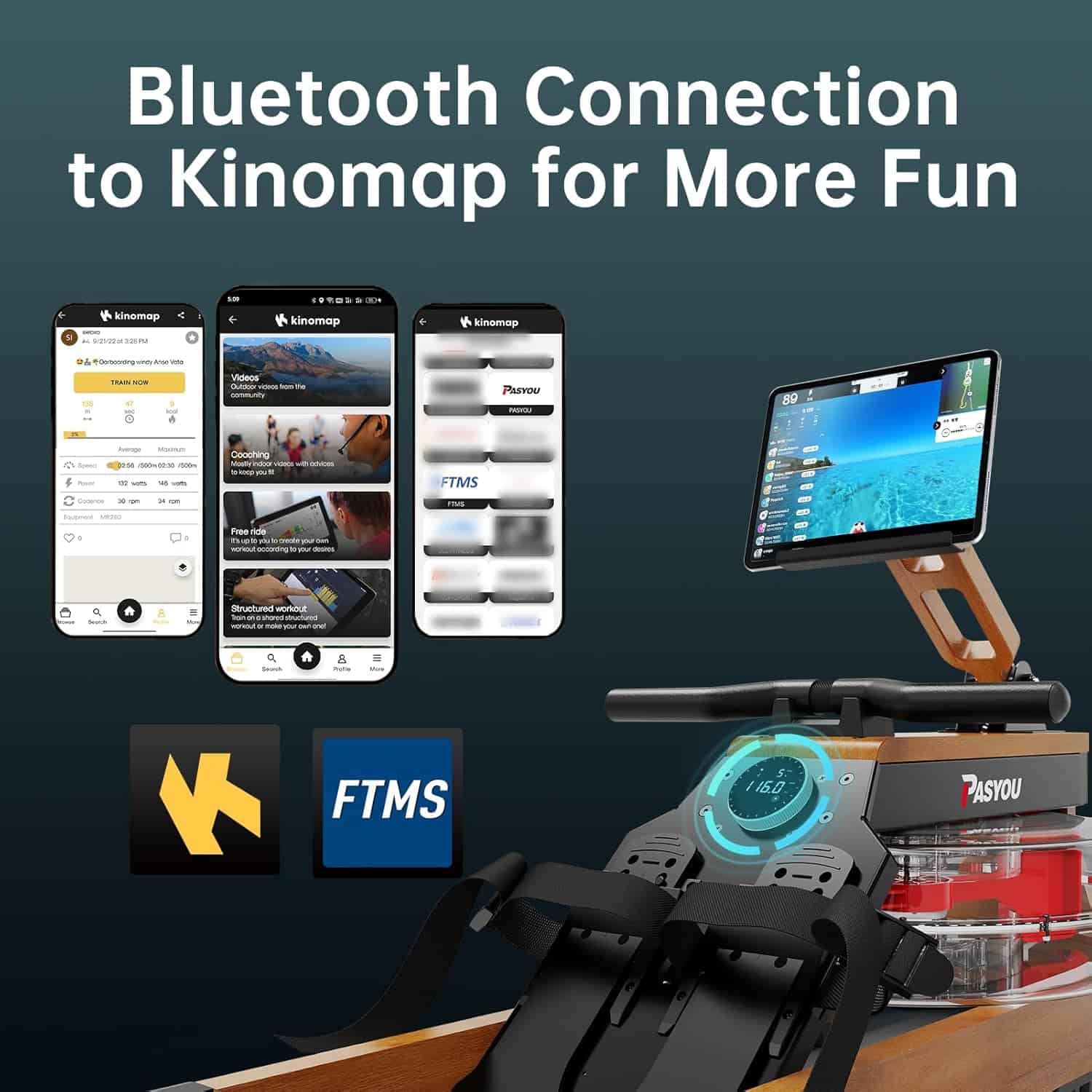 Product with Bluetooth connection to Kinomap app on smartphone and tablet, featuring FTMS logo.