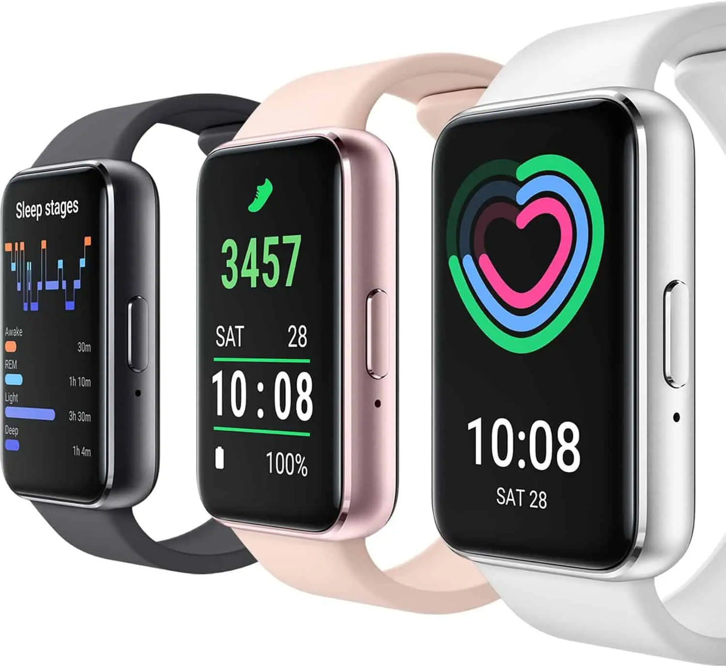Three smartwatches displaying different screens on a white background