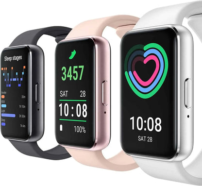 Three smartwatches displaying different screens on a white background