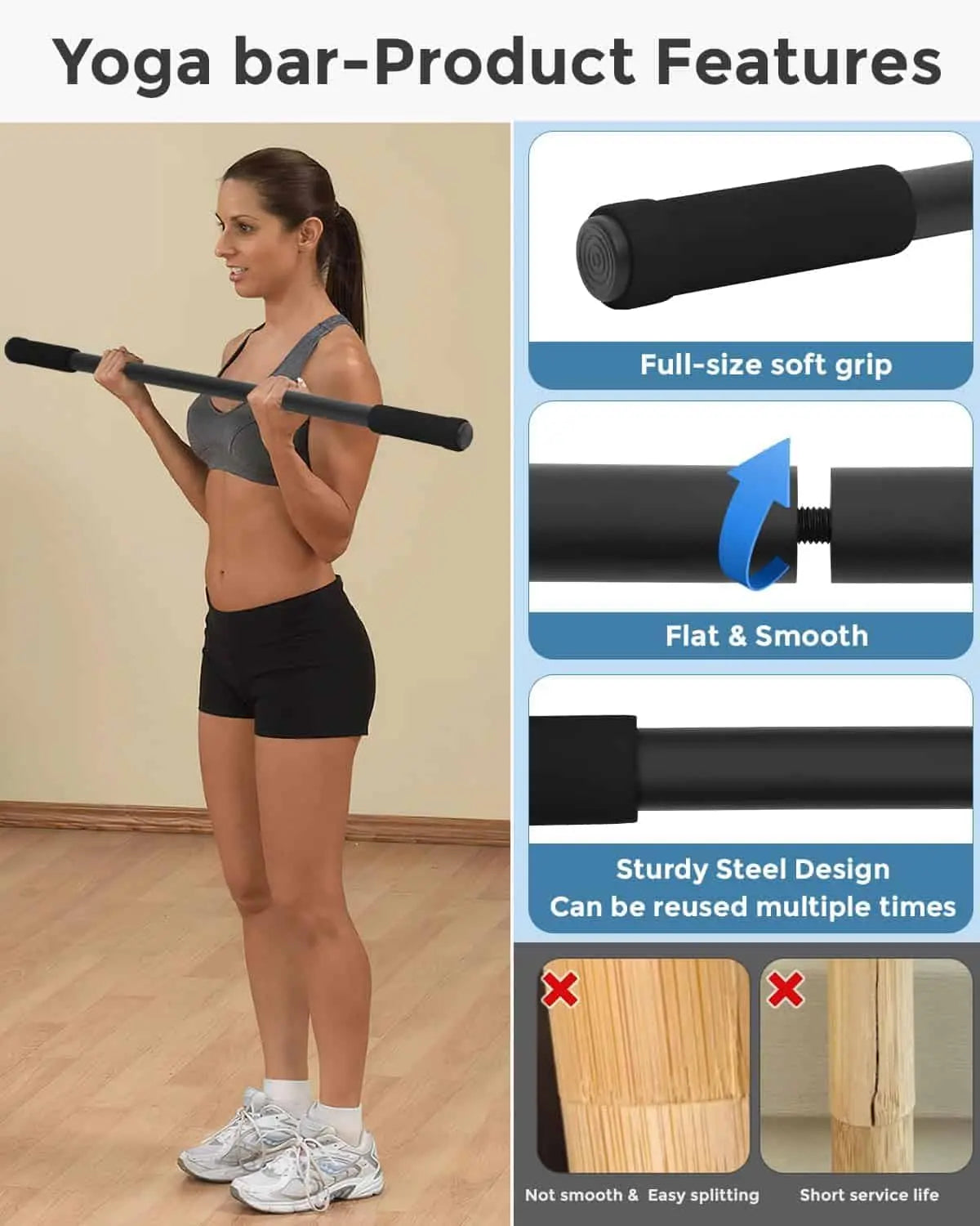 Woman holding a yoga bar with product features highlighted on the right