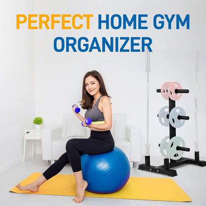 Woman exercising on a blue ball with home gym equipment in the background, labeled 'Perfect Home Gym Organizer'.