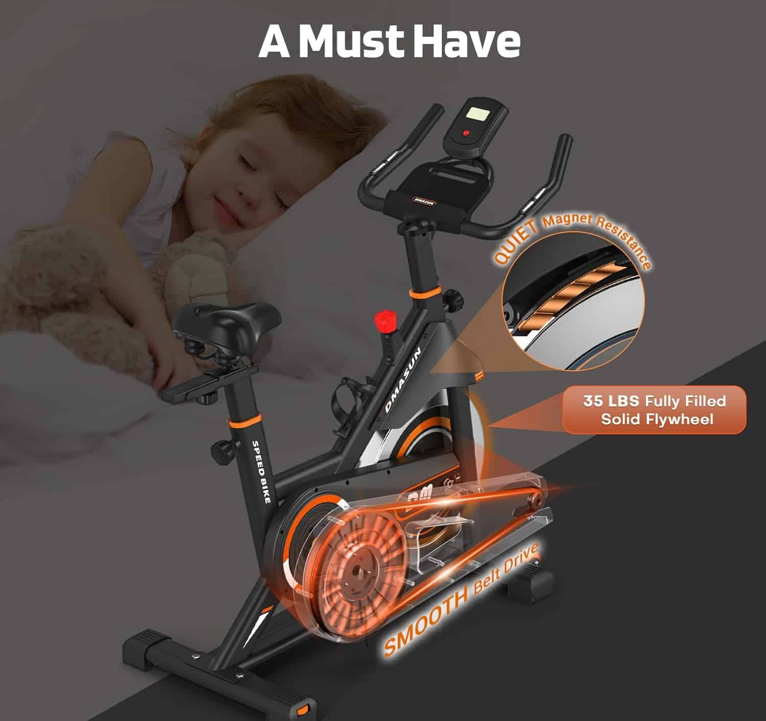 Exercise bike with features highlighted on a dark background