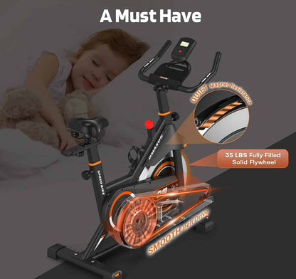 Exercise bike with features highlighted on a dark background