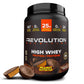 Protein powder container labeled 'Revolution Nutrition High Whey Protein' in Peanut Butter Cup flavor on a white background.