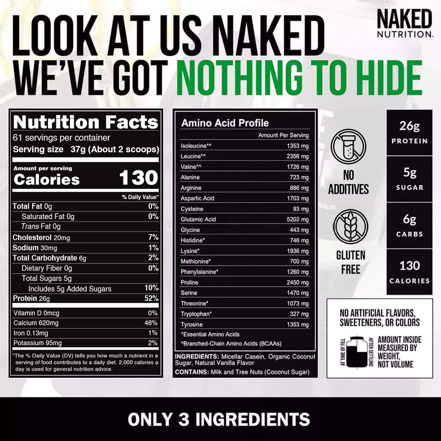 Naked Nutrition supplement packaging with nutritional information and branding.