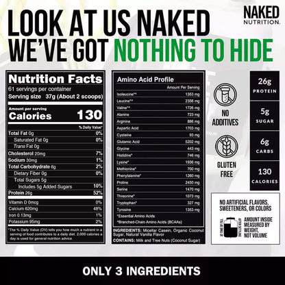 Naked Nutrition supplement packaging with nutritional information and branding.