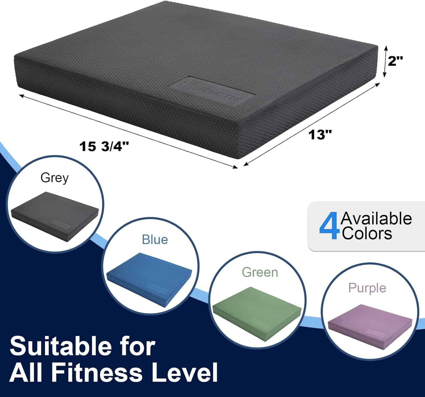 Ergonomic seat cushion with dimensions and color options on a blue background