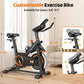 Exercise bike with customizable features and dimensions displayed on a neutral background