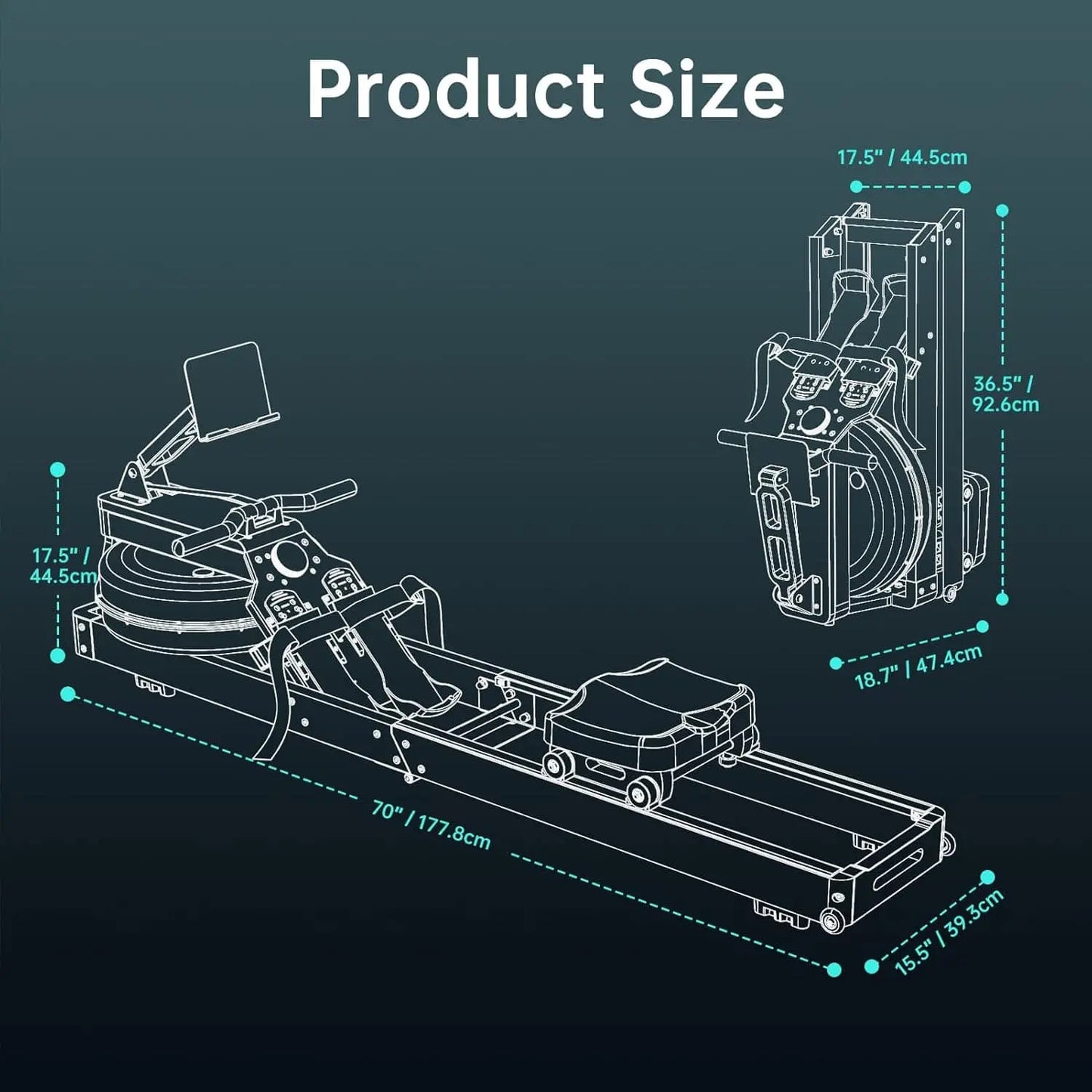 Measurement chart of a piece of exercise equipment with dimensions labeled.