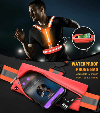 LED Reflective Running Vest Set – USB Rechargeable Light-Up Vest with Phone Holder, High Visibility Armbands, Adjustable Fit for Night Running, Walking, Cycling (Unisex) Fokia Kunbio