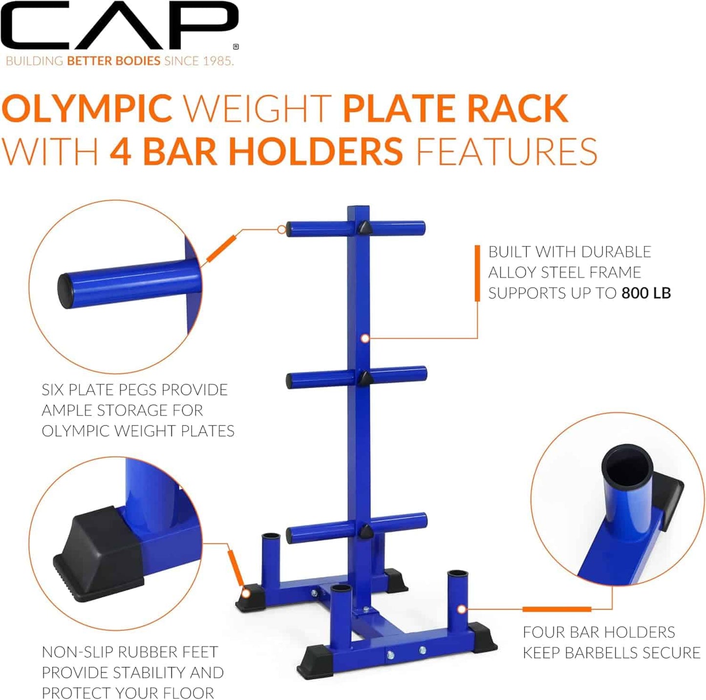 Blue Olympic weight plate rack with features highlighted on a white background