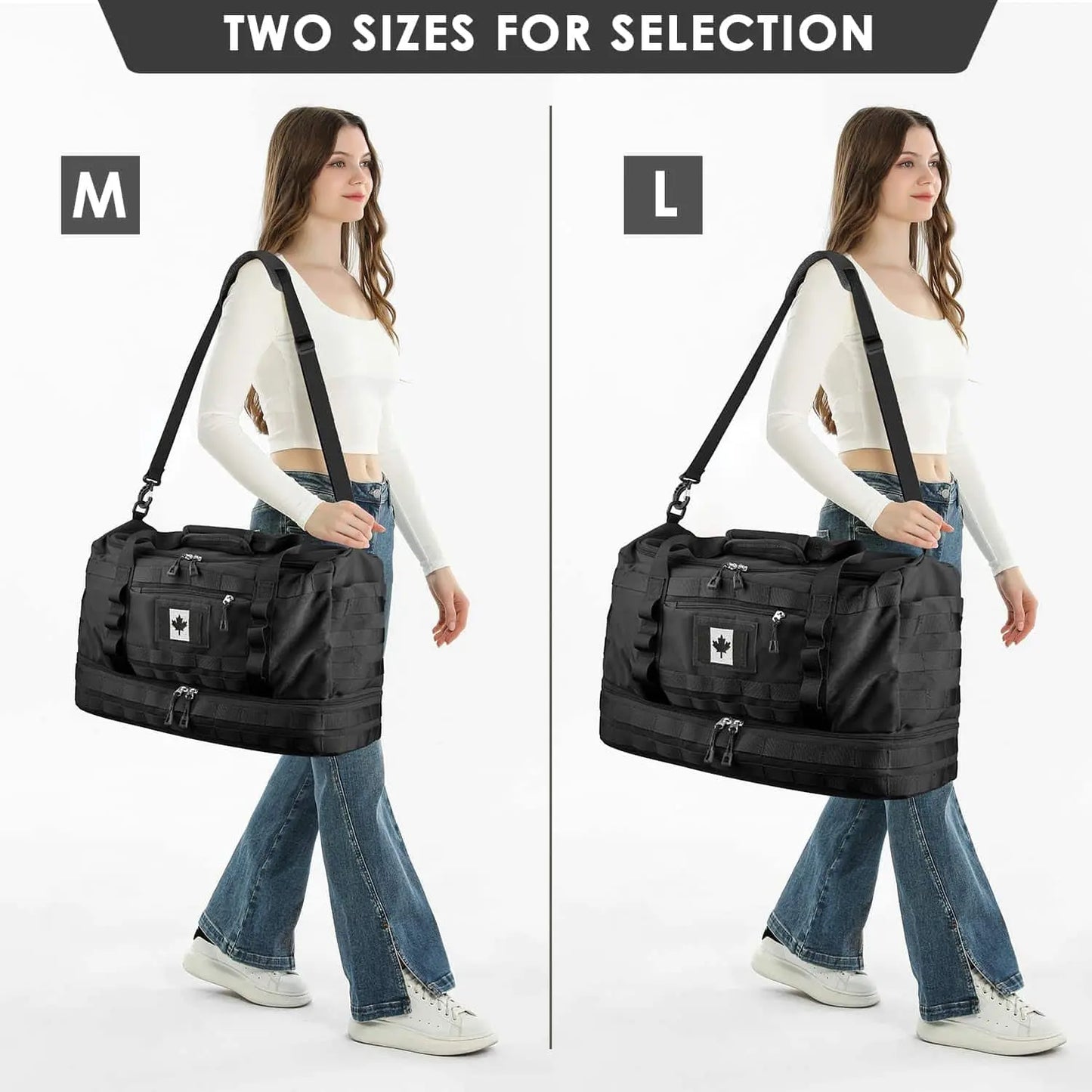 Two sizes of a black duffel bag being carried by a model on a white background.