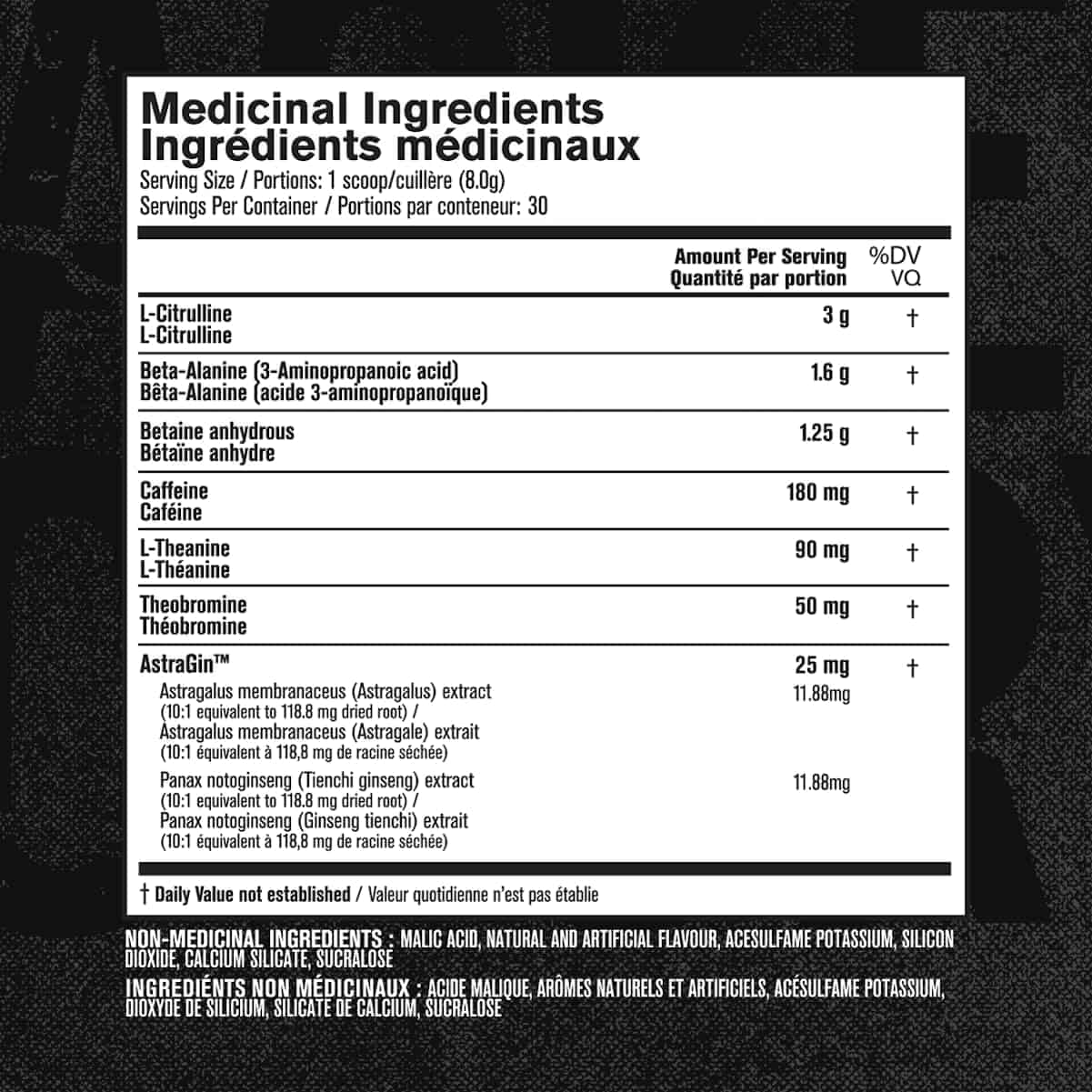 Nutritional label with medicinal ingredients on a black background