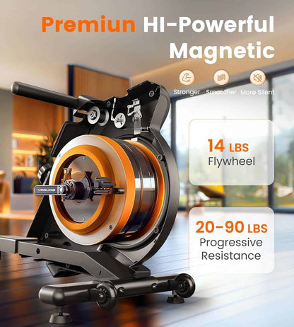 Home gym equipment with 14 lbs flywheel and 20-90 lbs progressive resistance, set against a blurred indoor background.