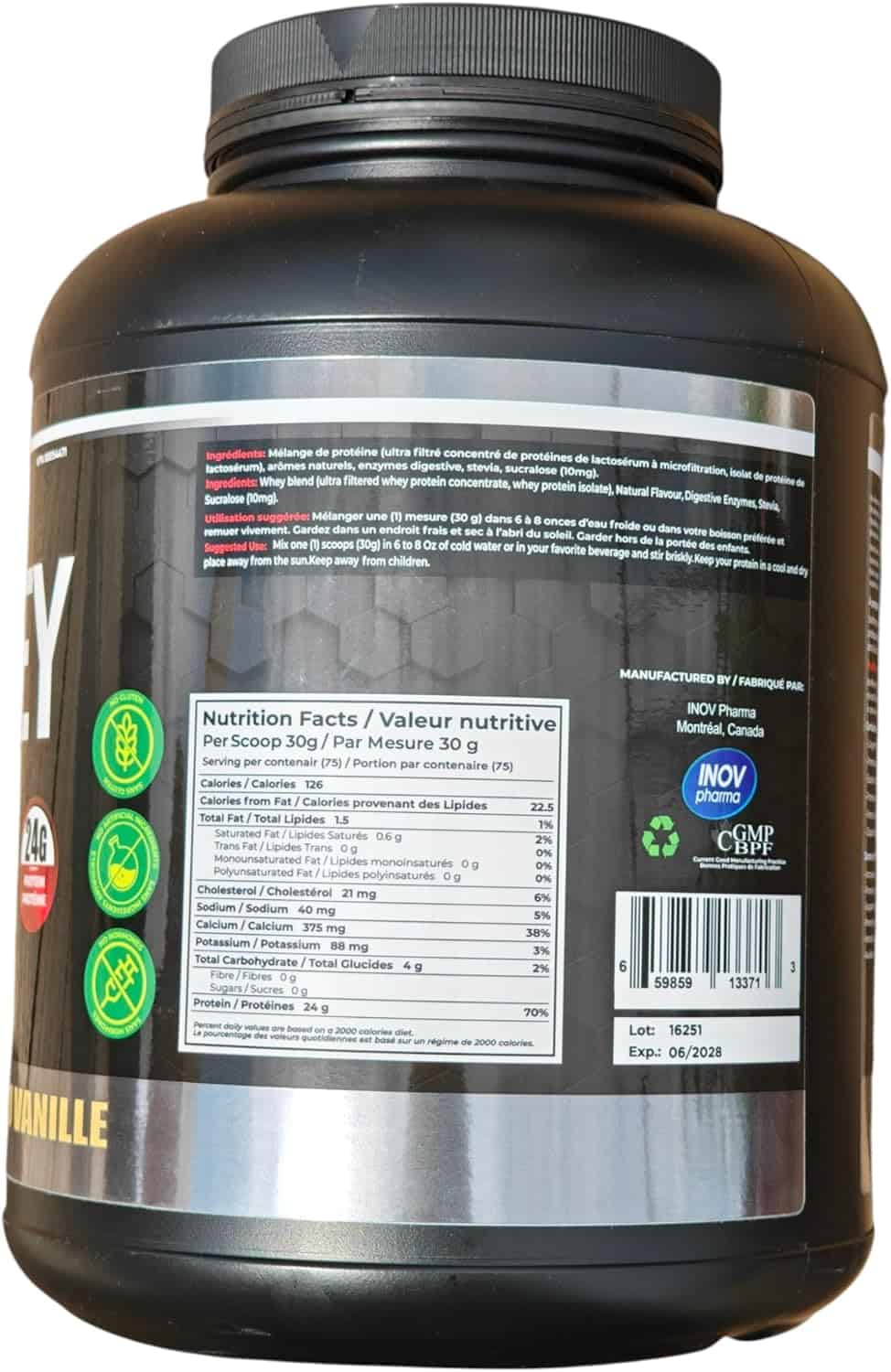 Back label of a protein powder container with nutritional information and branding.