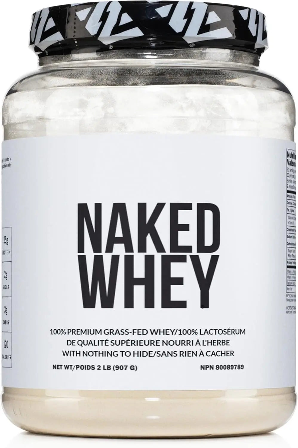 Naked Whey protein powder jar with black and white label