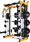 Multifunctional gym power rack with weights on a white background