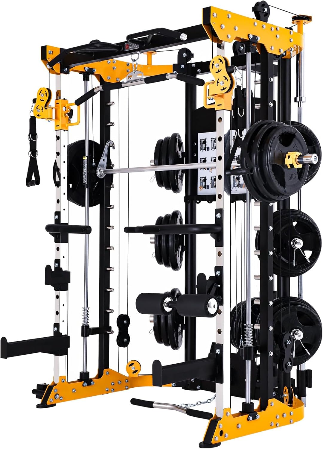Multifunctional gym power rack with weights on a white background