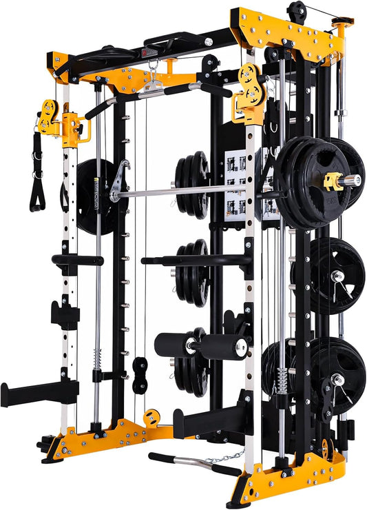 Multifunctional gym power rack with weights on a white background