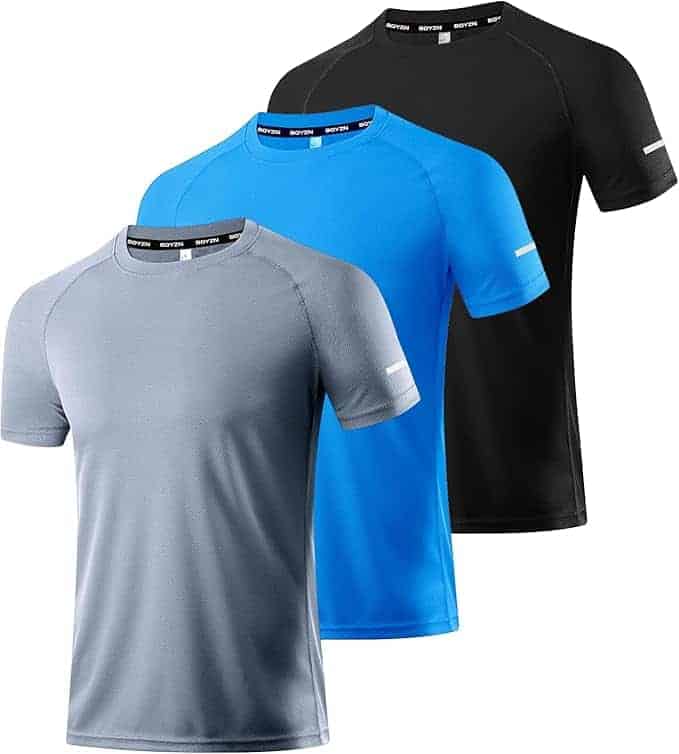 Three athletic shirts in gray, blue, and black on a white background