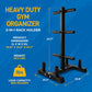 Heavy-duty gym organizer with dimensions and specifications on a blue background