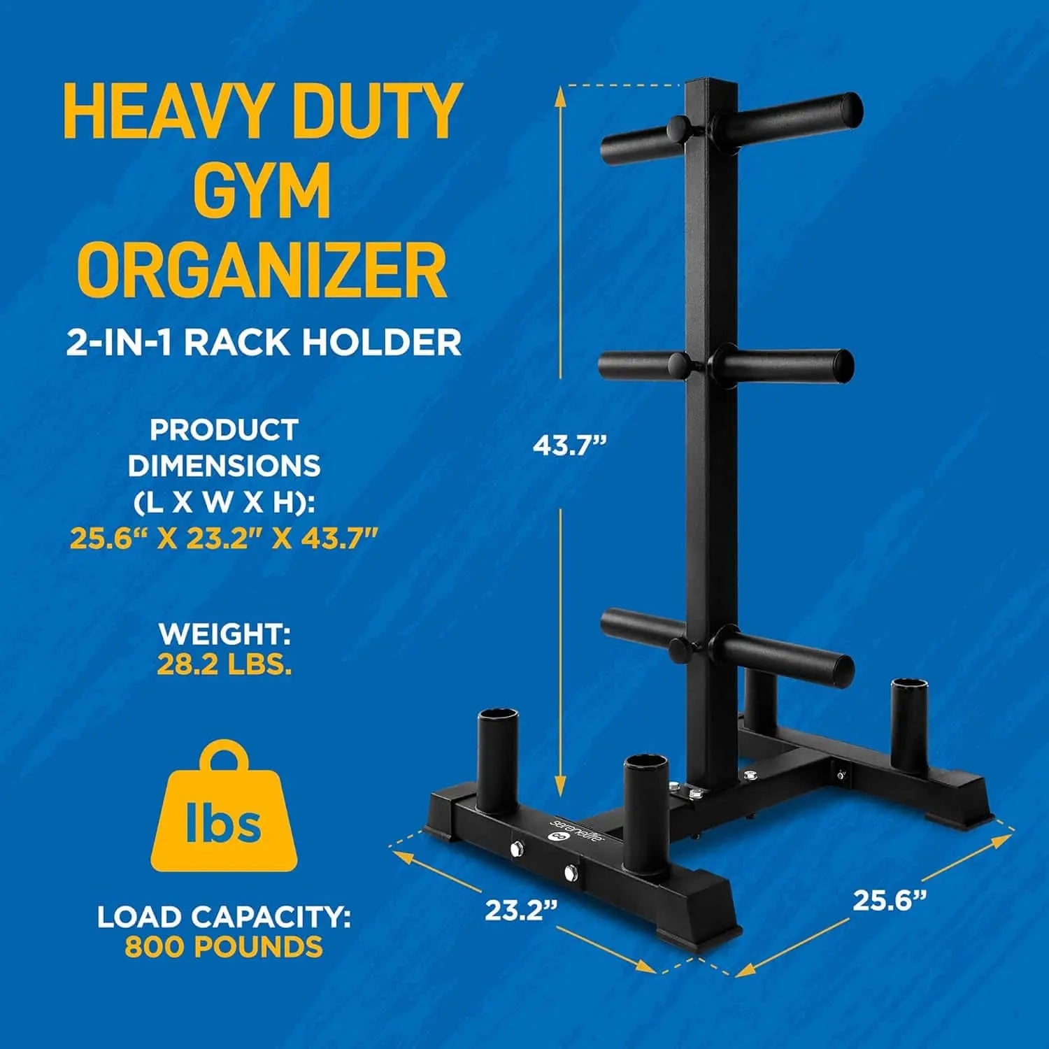 Heavy-duty gym organizer with dimensions and weight details on a blue background