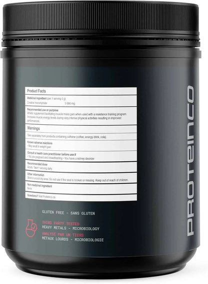 Black protein powder container with label on a white background