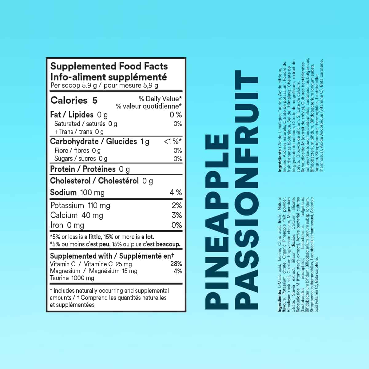 Nutritional label for pineapple passionfruit supplement on a blue background