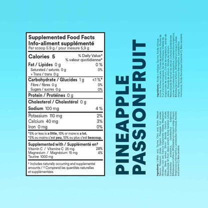 Nutritional label for pineapple passionfruit supplement on a blue background