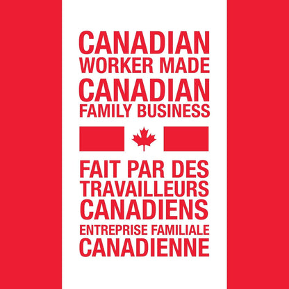 Red and white poster with text about Canadian workers and family business on a red background