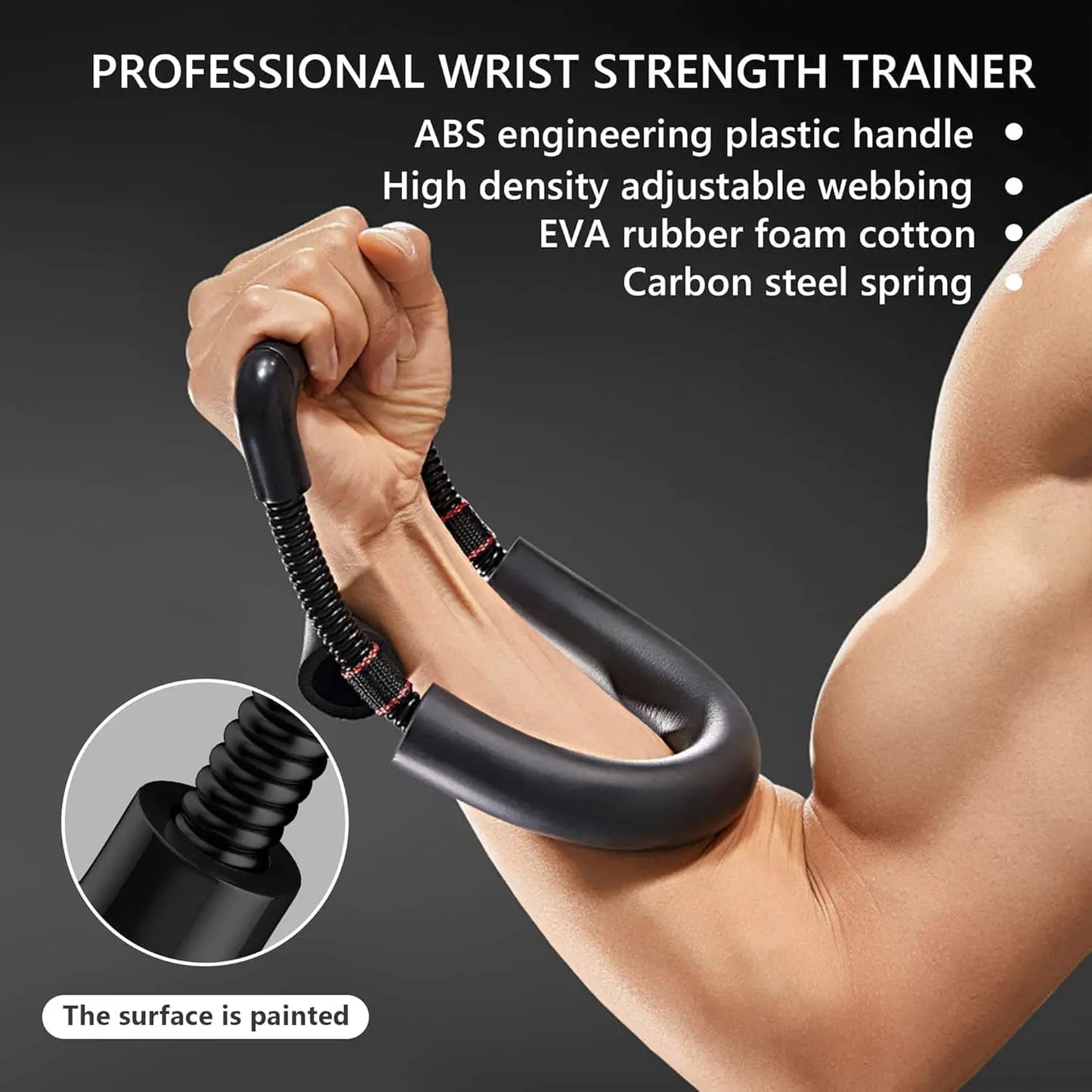 Professional wrist strength trainer with hand holding it against a dark background