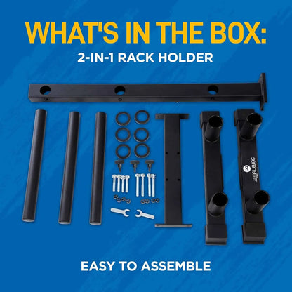 2-in-1 rack holder assembly kit with components on a blue background