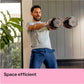 Man exercising with dumbbells in a home setting, with text 'Space efficient' at the bottom.