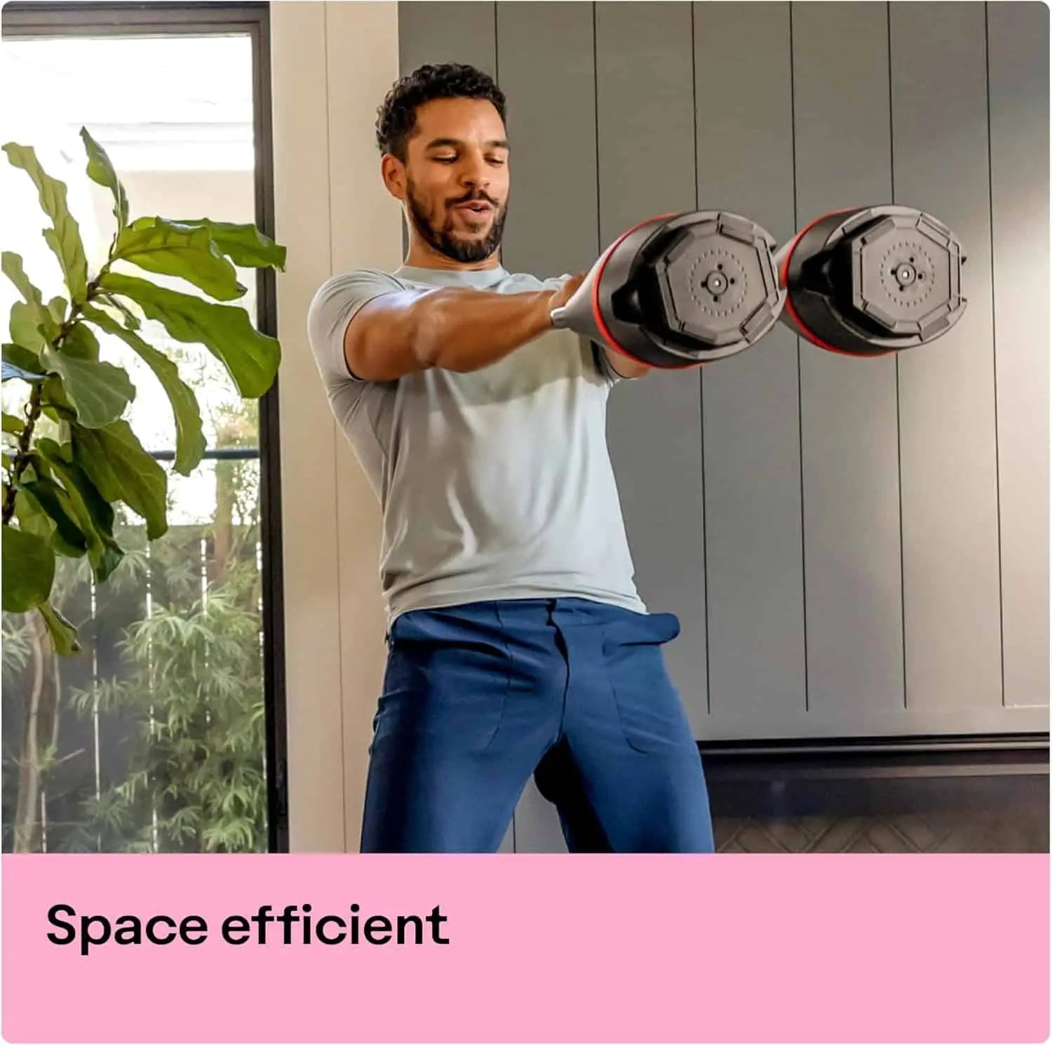 Man exercising with dumbbells in a home setting, with text 'Space efficient' at the bottom.