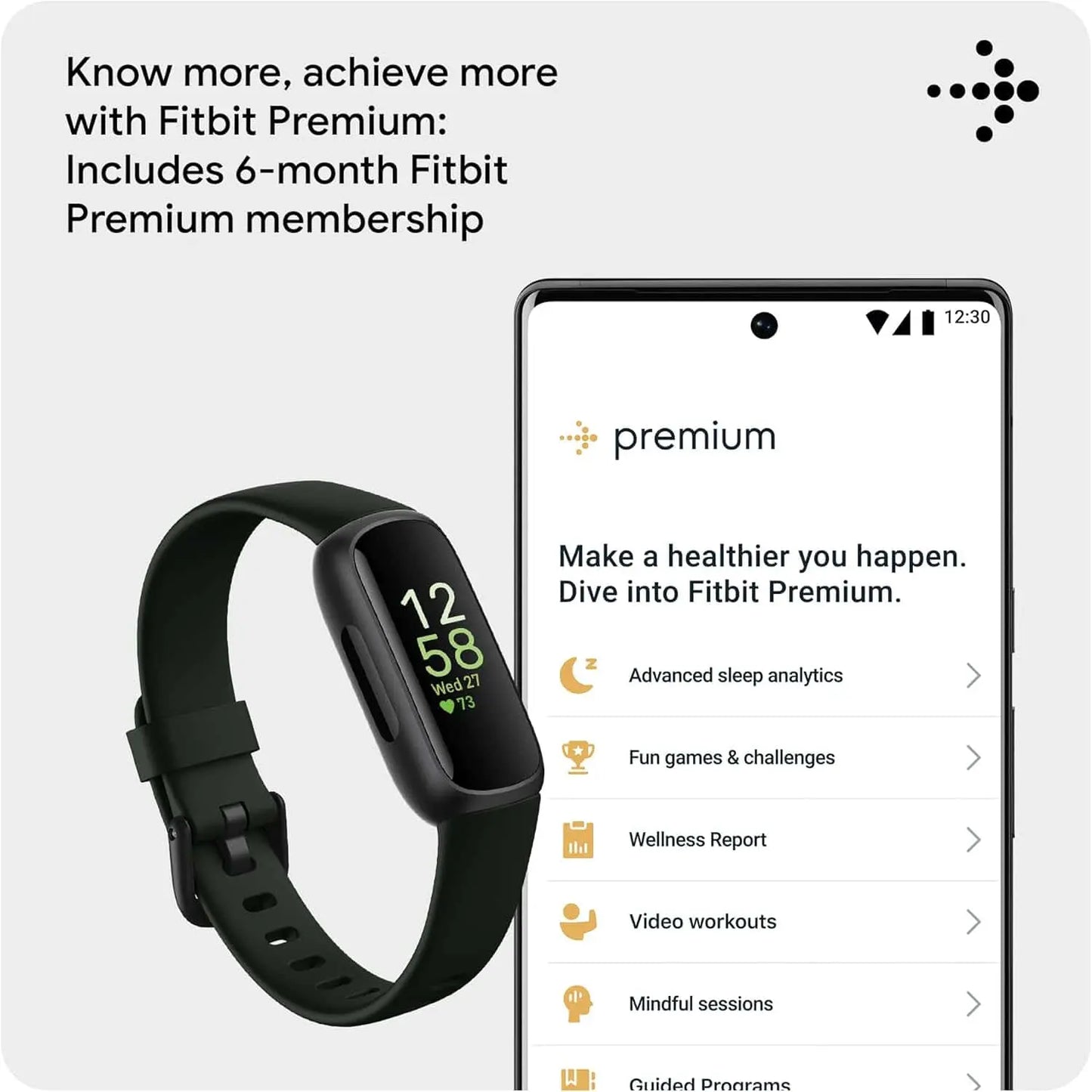 Fitness tracker next to smartphone displaying Fitbit Premium app on a light gray background