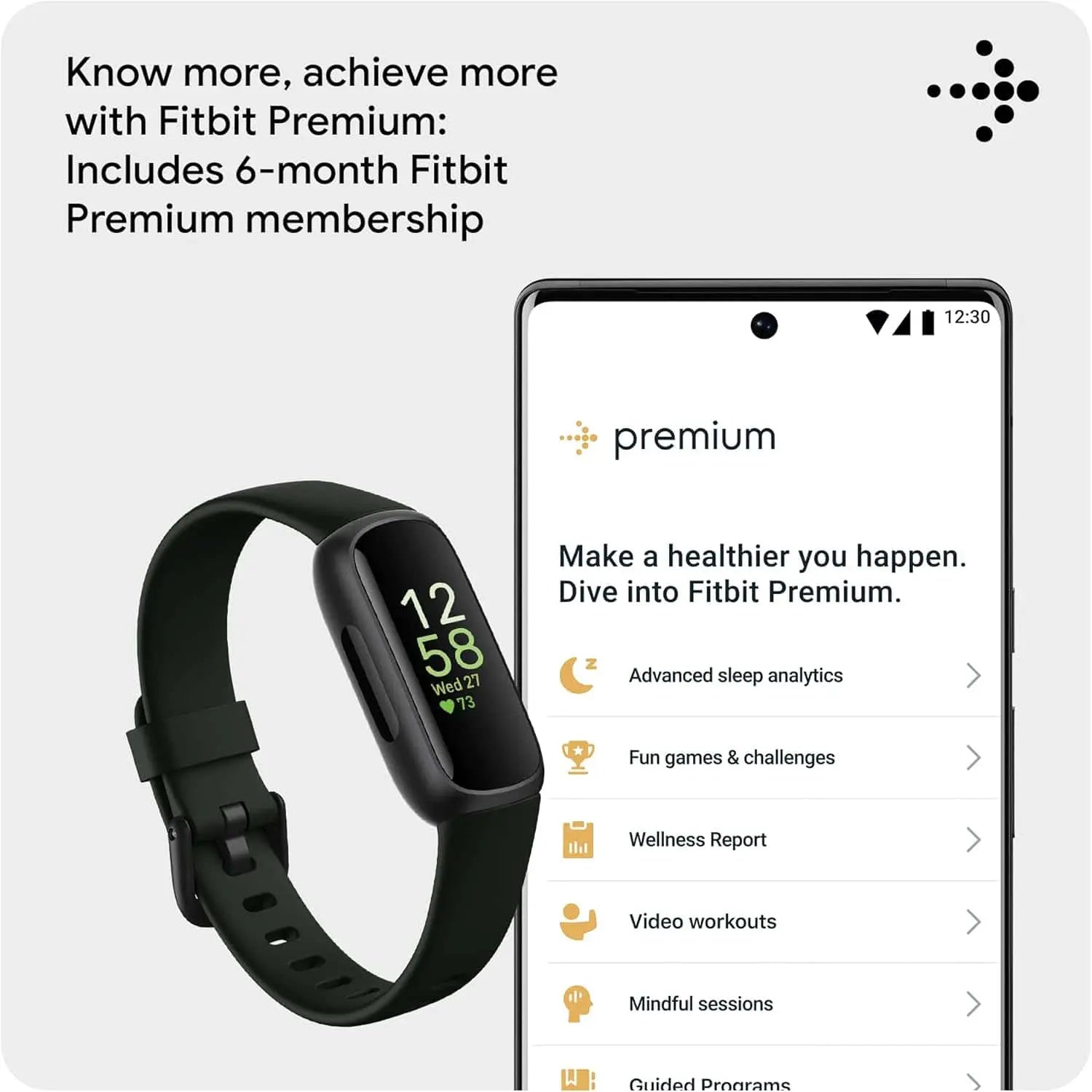 Fitness tracker next to smartphone displaying Fitbit Premium app on a light gray background