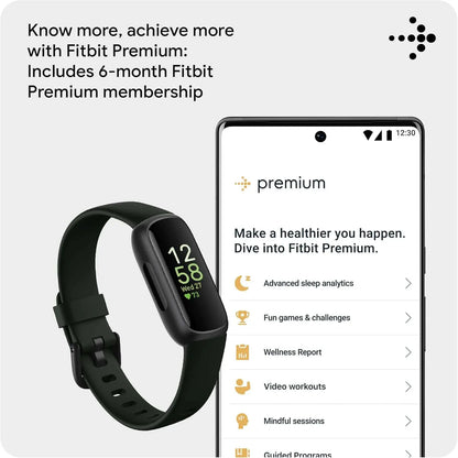 Fitness tracker next to smartphone displaying Fitbit Premium app on a light gray background