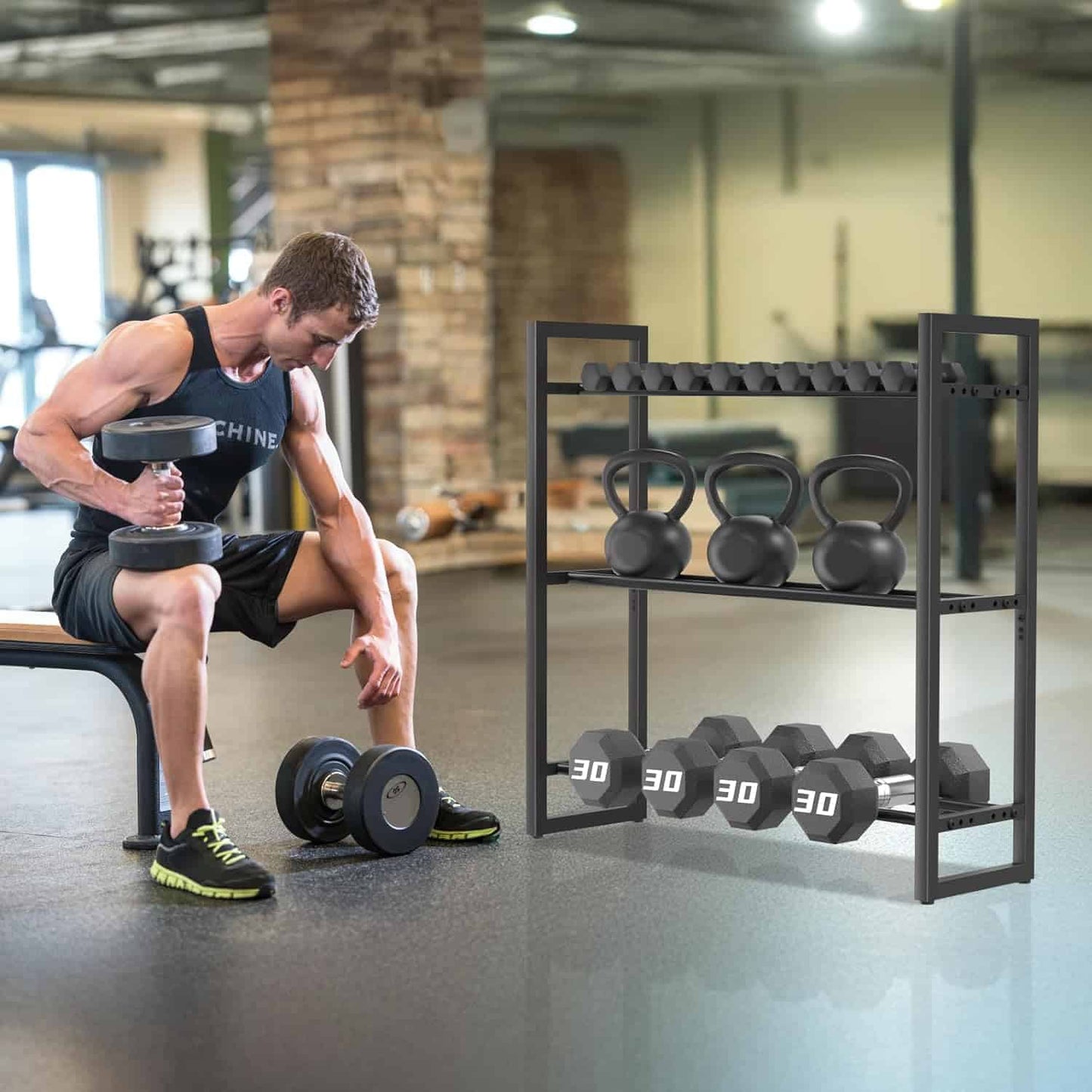 Man exercising with dumbbells in a gym setting, kettlebell rack in the foreground.